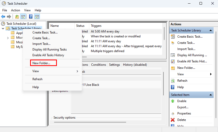 New Folder option on Task Scheduler Library