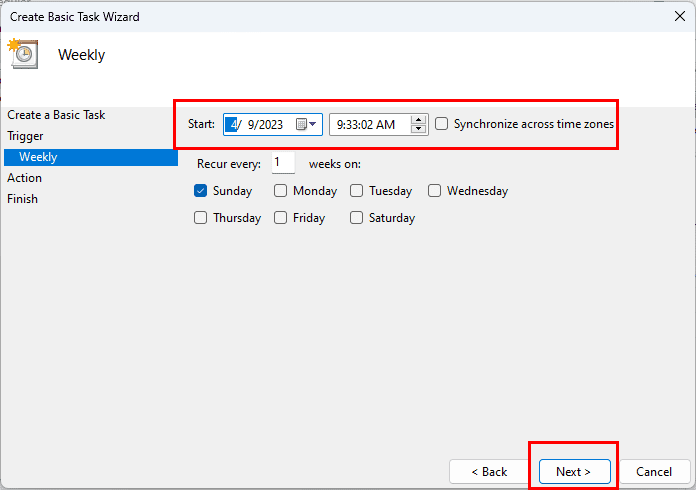 Selecting the Trigger Weekly on Windows Task Scheduler