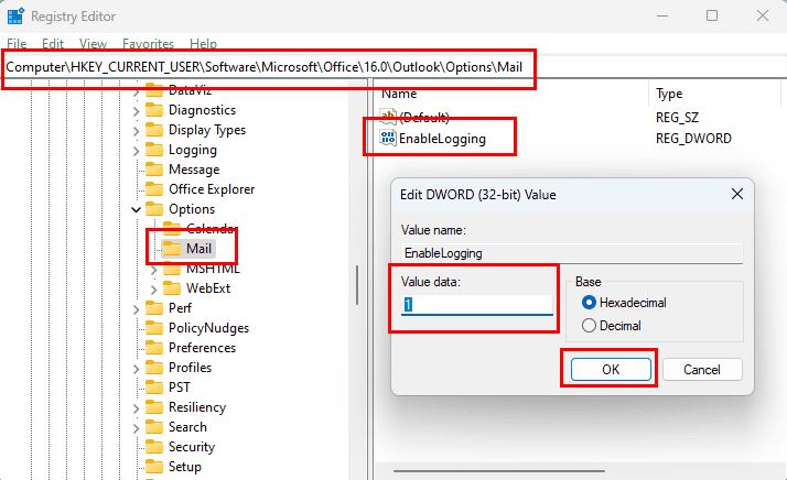 Setting enablelogging manually from Registry Editor