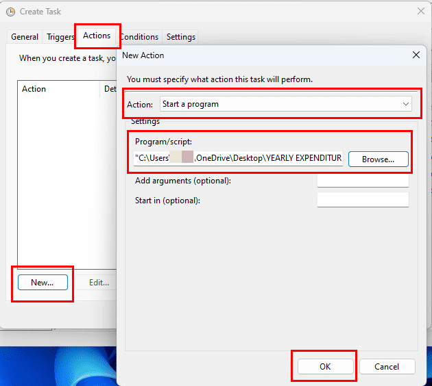 Setting up an action for the automated task