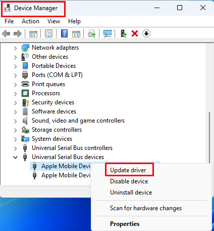 Updating Apple Mobile Device Drivers from Device Manager
