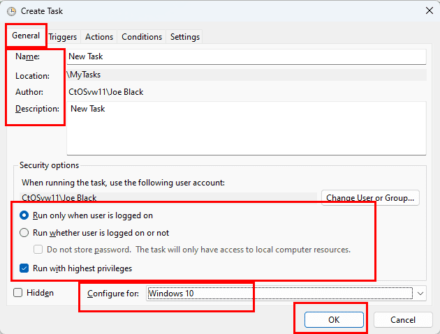 Various elements of the General tab of Task Scheduler