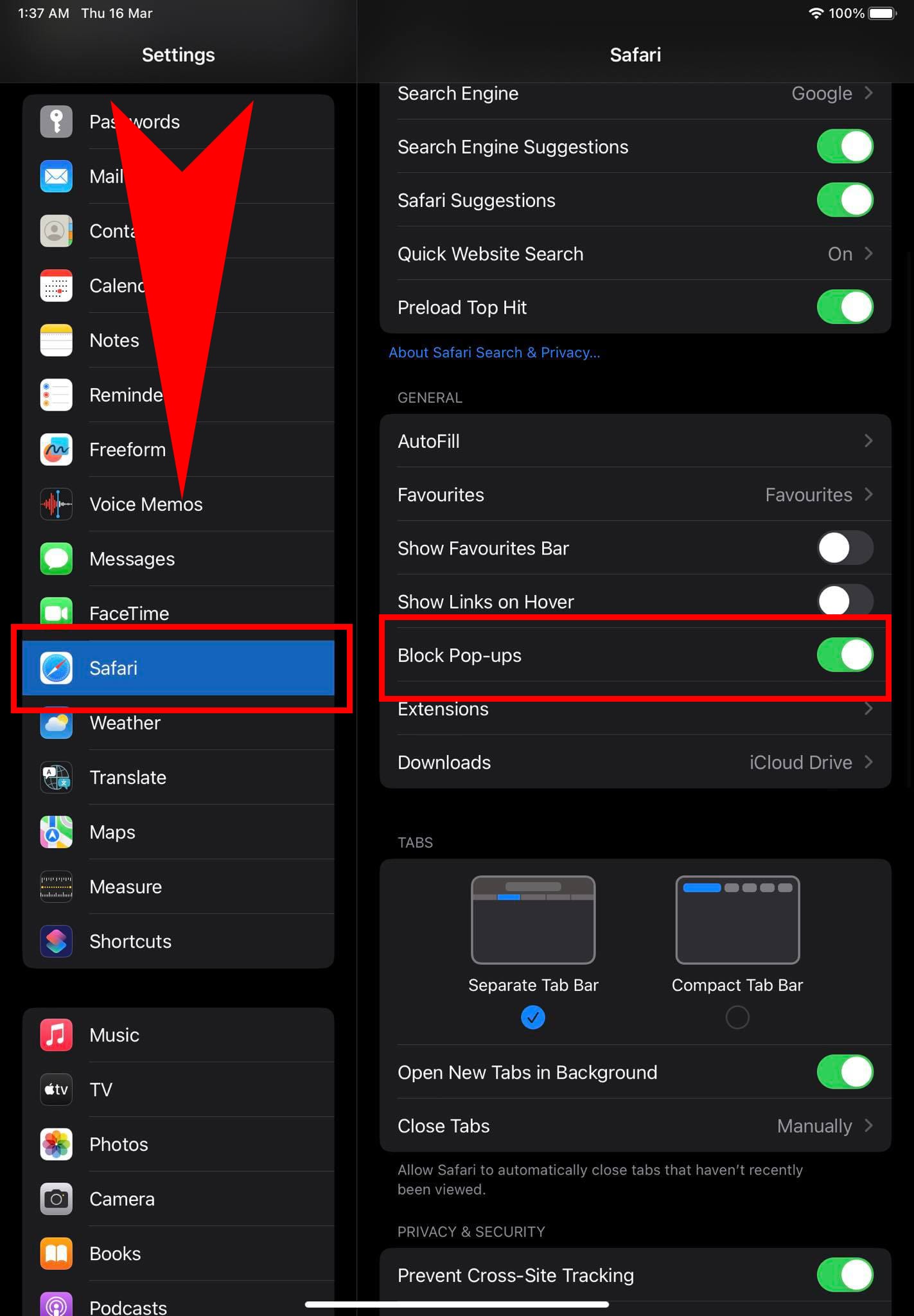 Block pop ups on Safari in iPad, similar in iPhone