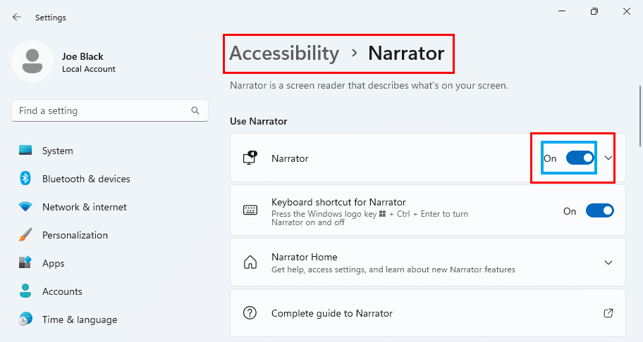 Click on Narrator Toggle button