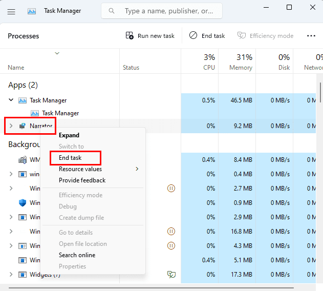 How to end Narrator task from Task Manager