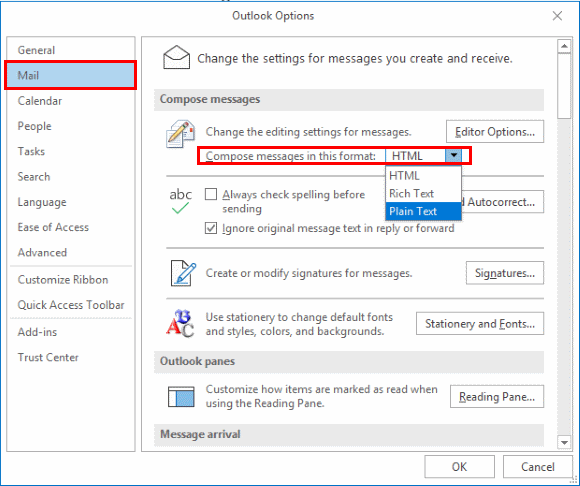 change default font in outlook email 2017