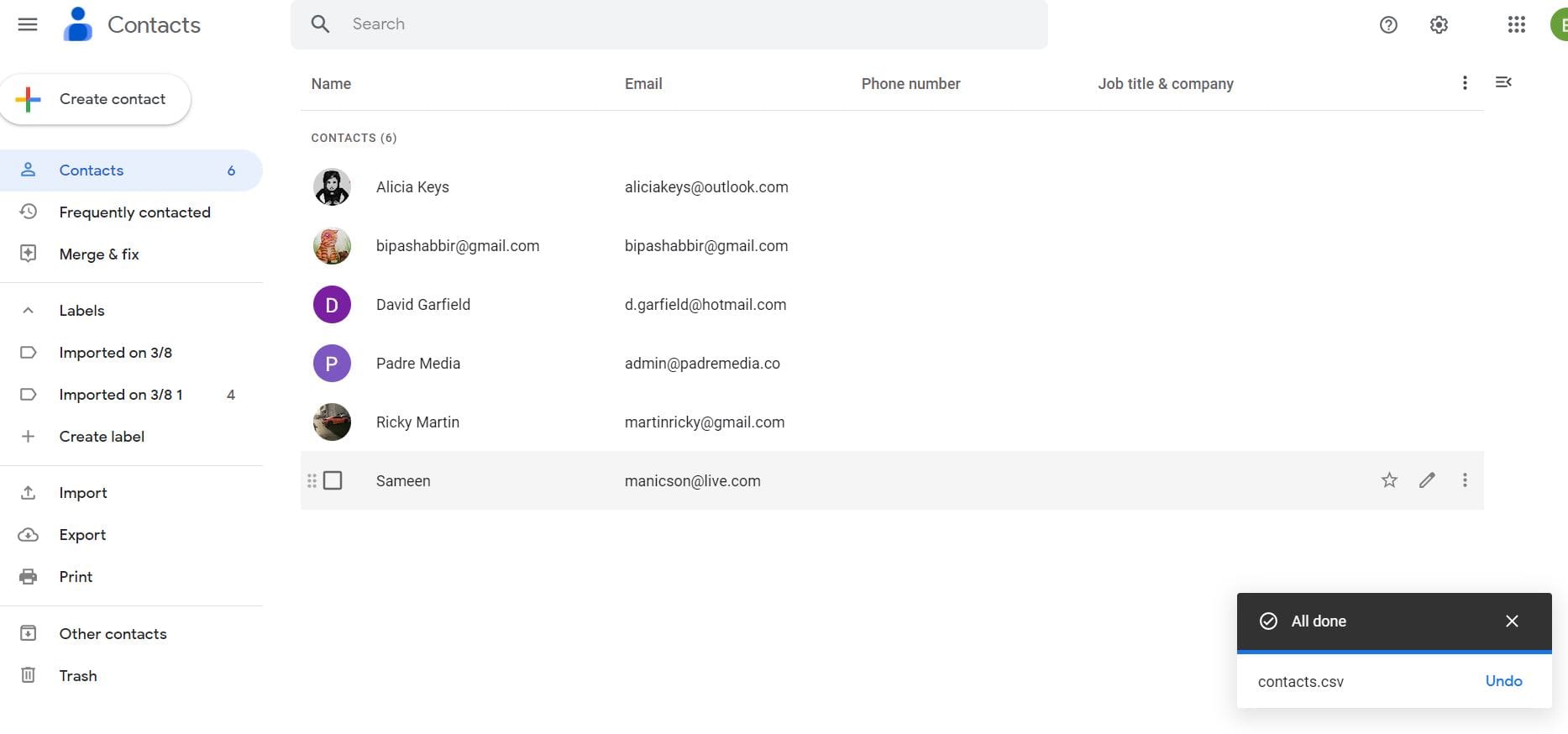 Select Contacts to find all imported Outlook contacts in Gmail