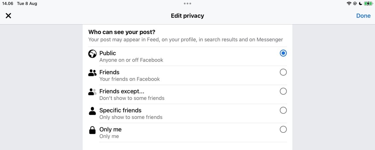 Options for editing Facebook profile picture privacy settings
