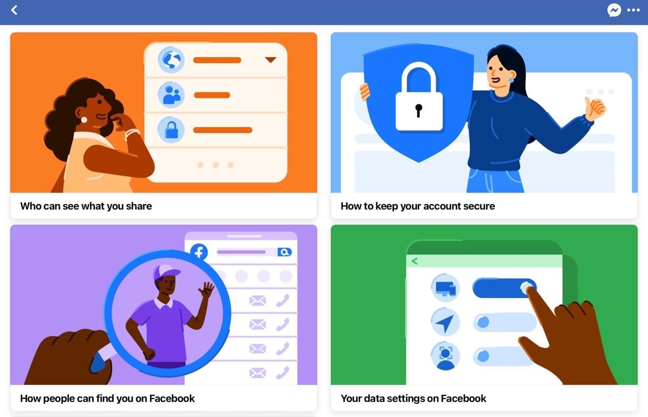 The different privacy checkup sections for Facebook