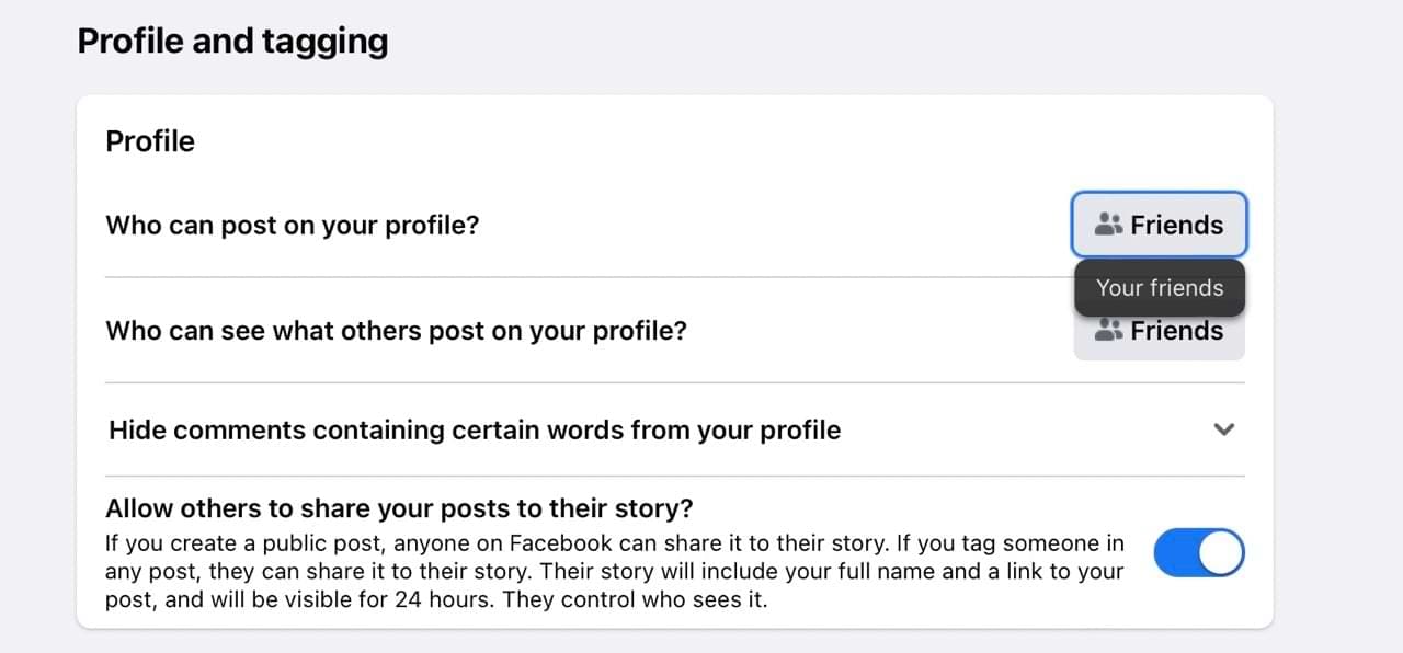Facebook profile and tagging screenshot