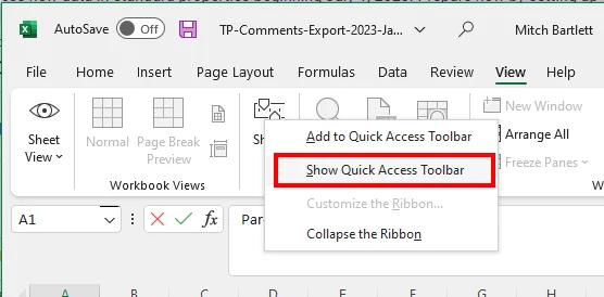 Office option to Show Quick Access Toolbar