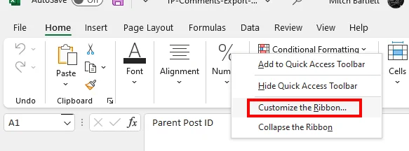 Outlook Customize the Ribbon Option