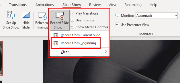 Record from beginning option for Slide Shows on PowerPoint