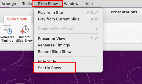 Set up show menu on PowerPoint for Mac app
