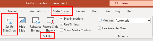 The Set Up command section in Slide Show tab on PowerPoint ribbon