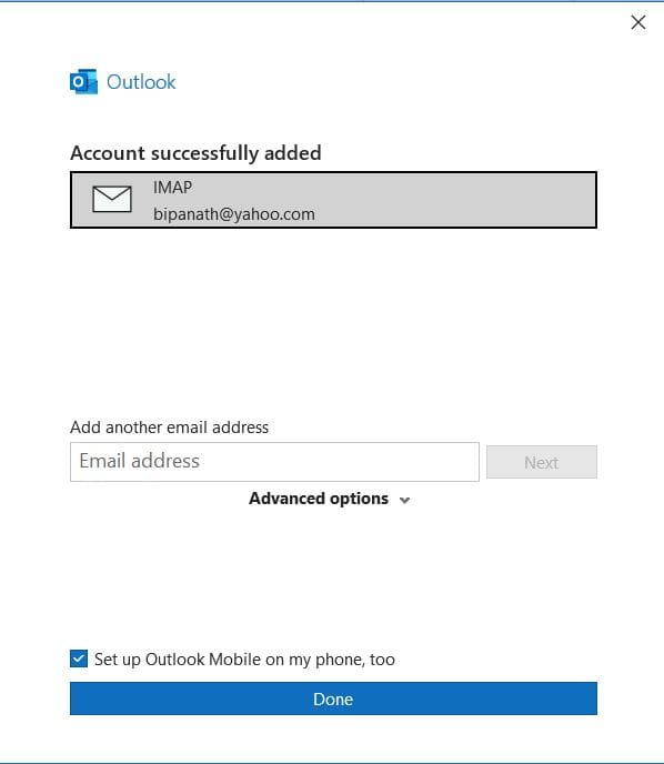 The Yahoo account successfully added to your Outlook