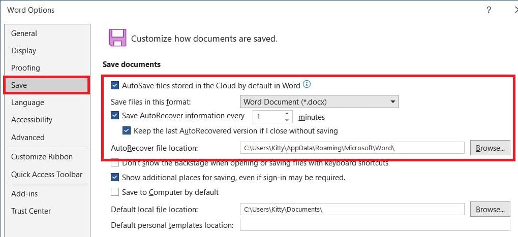 Enable or disable AutoRecover in Word 2019