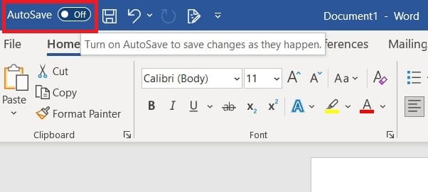 Enable or disable AutoSave in Word 365 with toggle button
