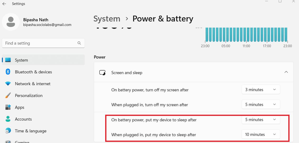 Enable sleep time for battery power and plugged in options