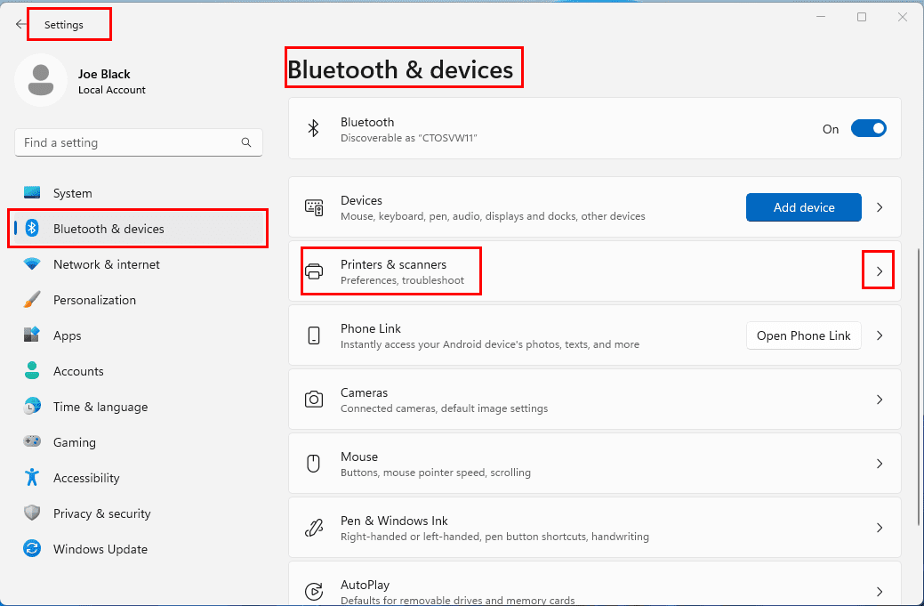 Find Printers & scanners on Windows 11 Settings app