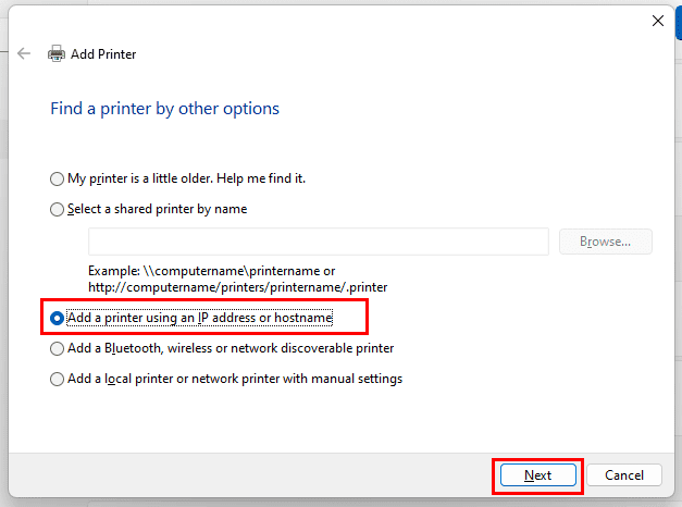 Install printer using IP or hostname