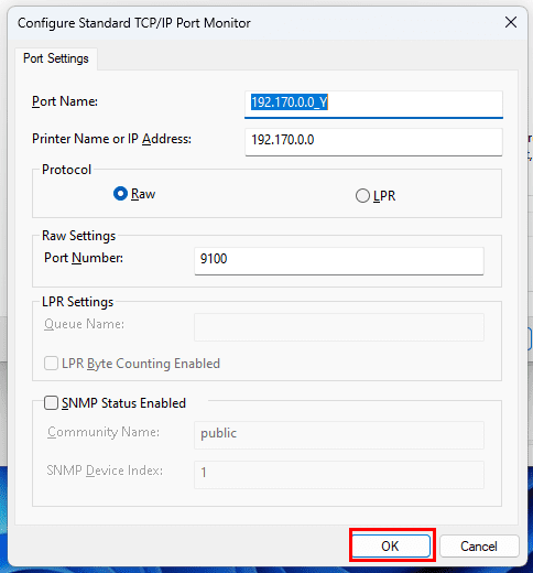 Printer port settings screen on Windows 11
