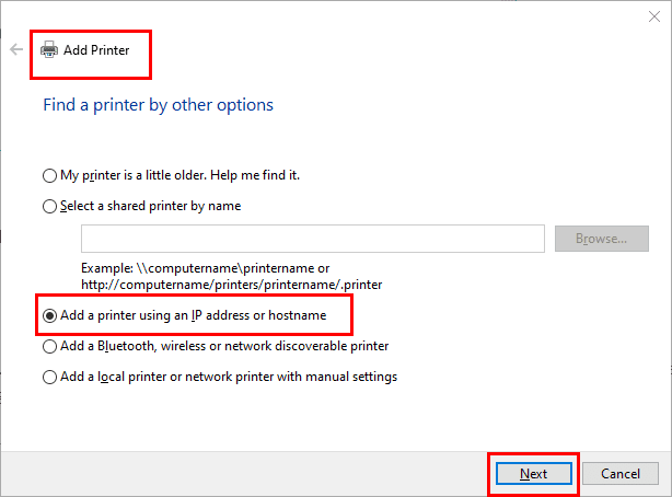Toggle add a printer using an IP address or hostname