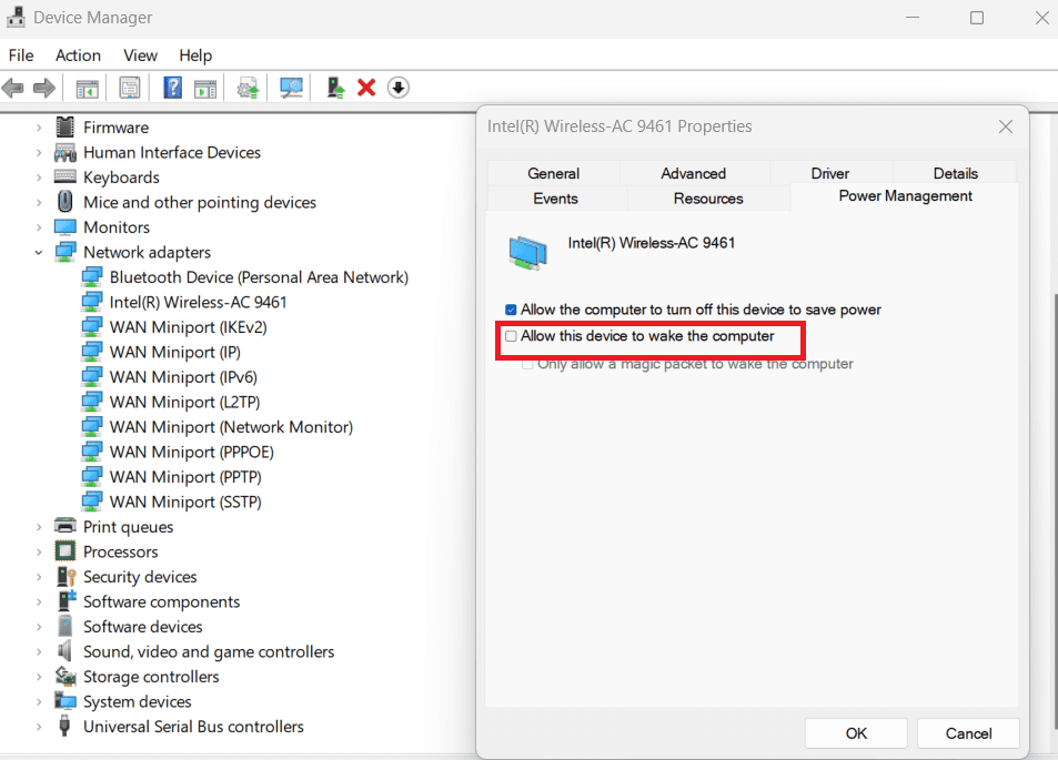 Uncheck the box to stop the network adapter from awaking up your PC