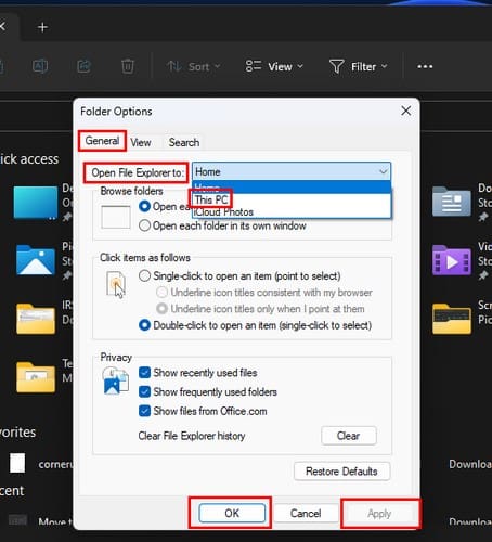 Folder options for This PC File Explorer W11