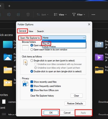 Folder options for This PC File Explorer W11
