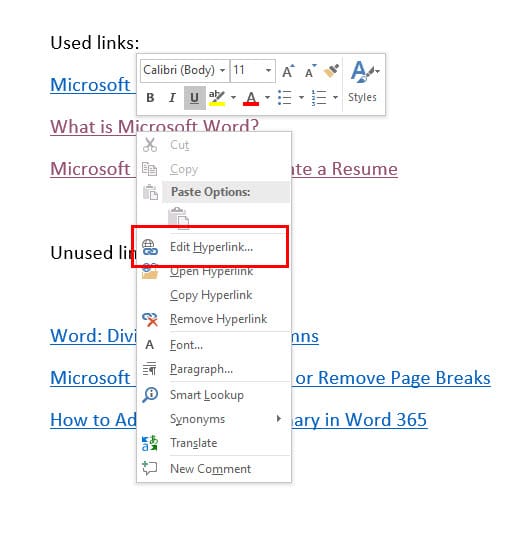 Edit hyperlink option in Word