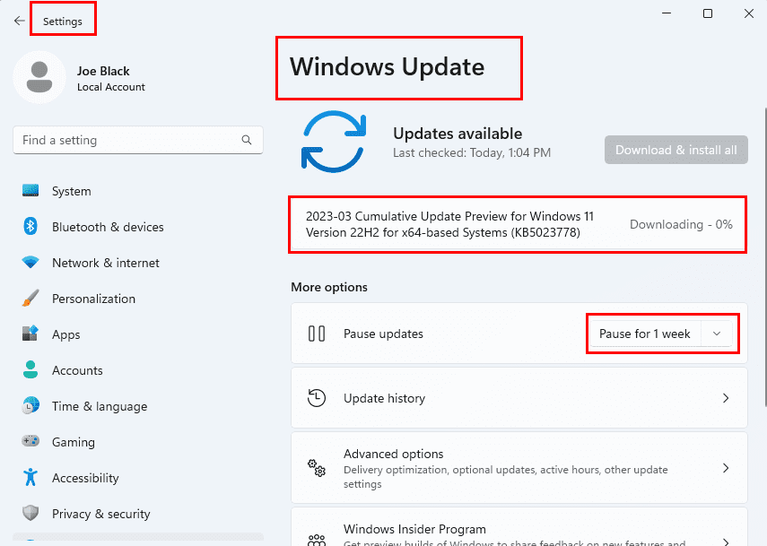Pausing Windows 11 Updates while in progress by clicking the Pause for 1 week button