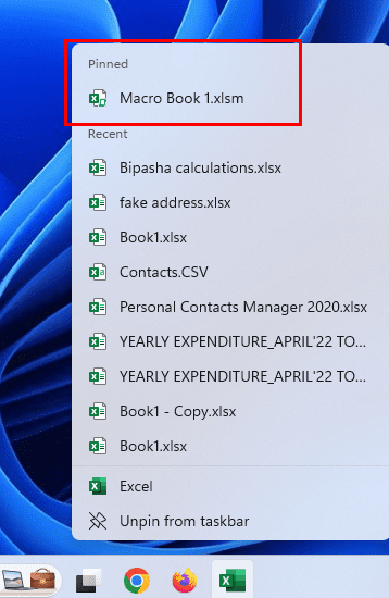 Pinned Jump List on Excel Taskbar icon