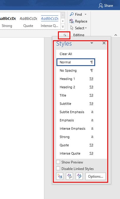 Styles menu in Word