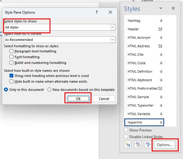 The all styles option in Styles Pane Options
