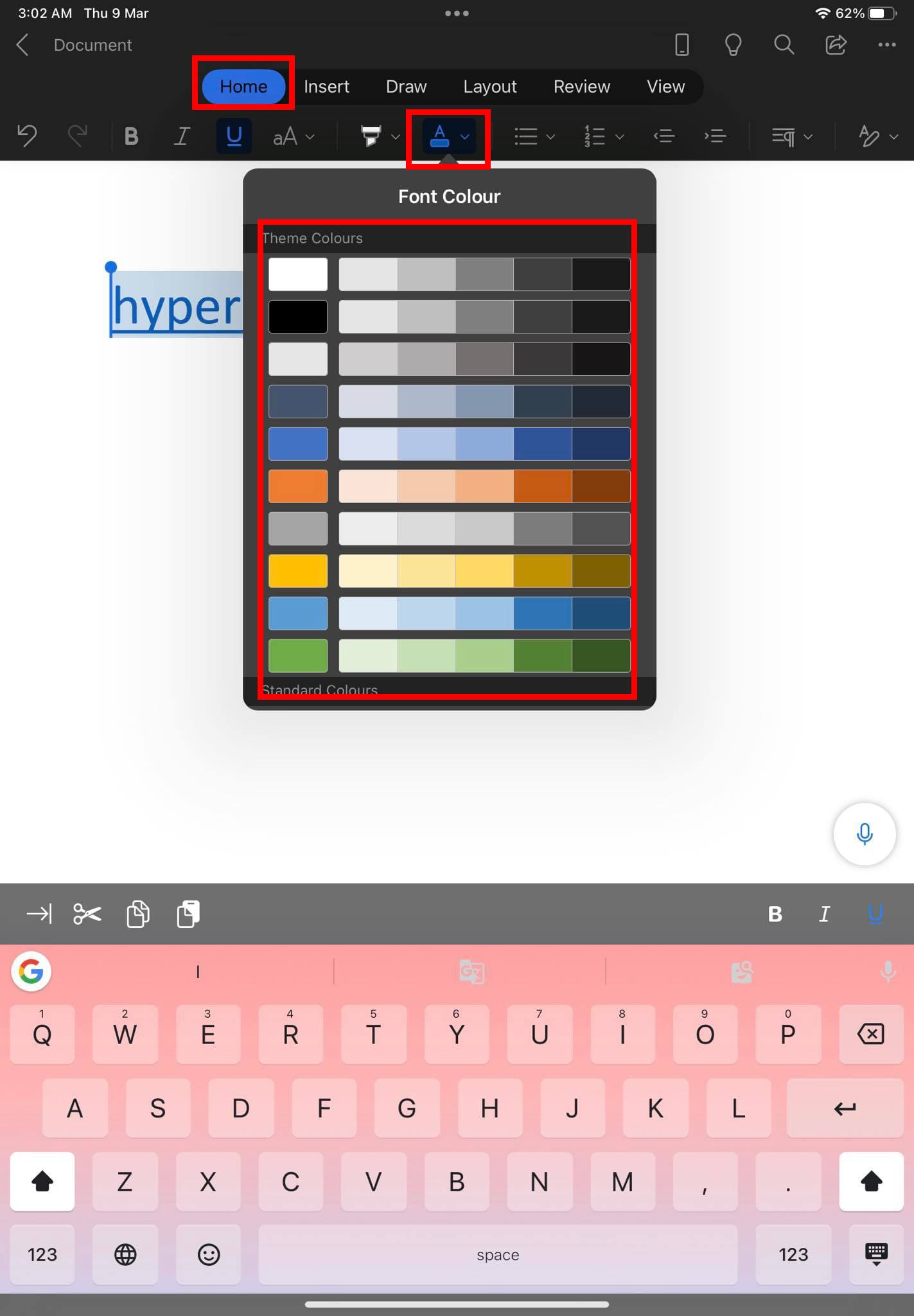 The font color in iPad Word app for hyperlink color modifications