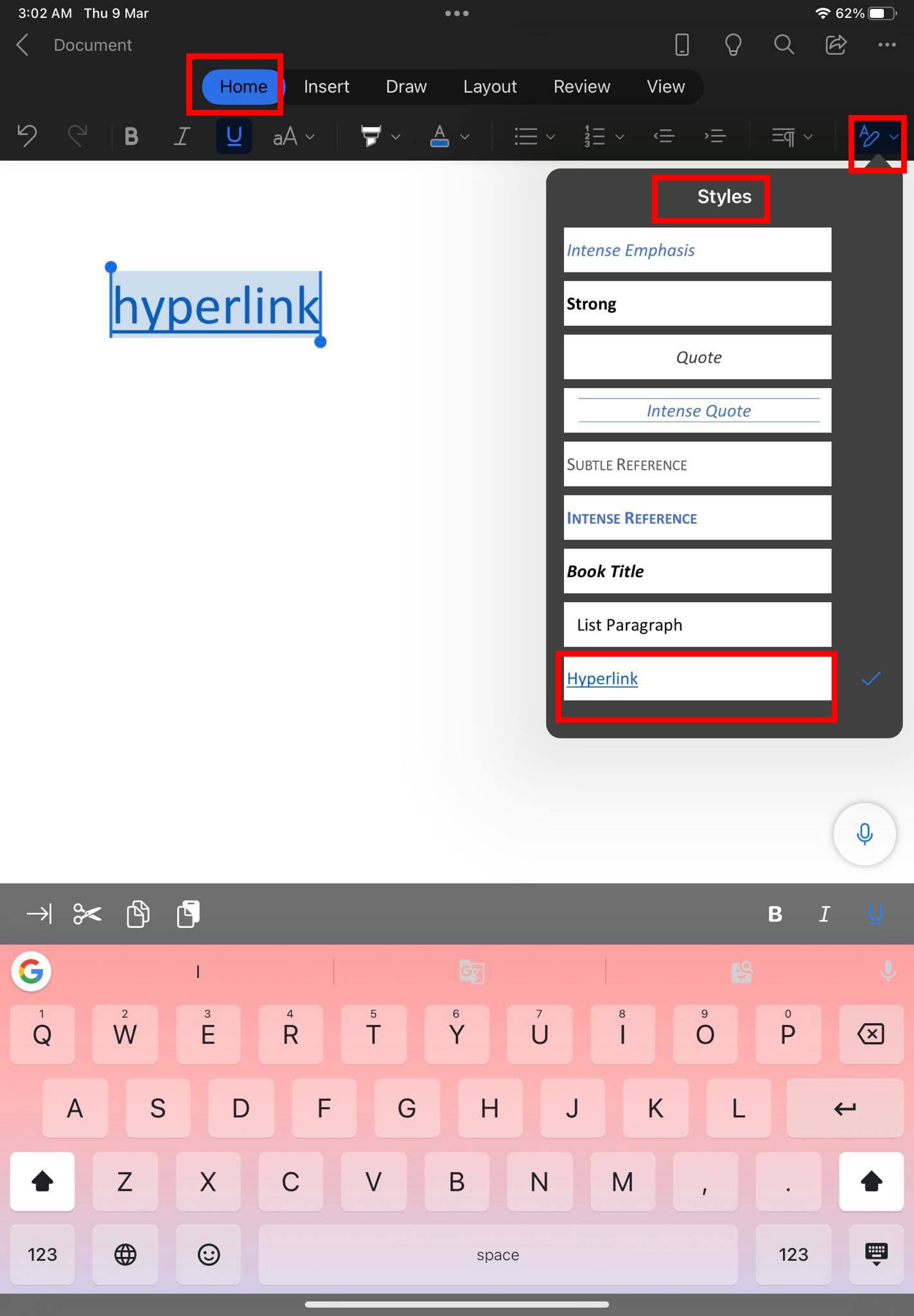 The hyperlink styles on iPad Word app