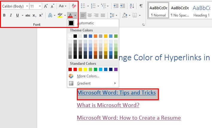 Use font command tool to Change Color of Hyperlinks in Word