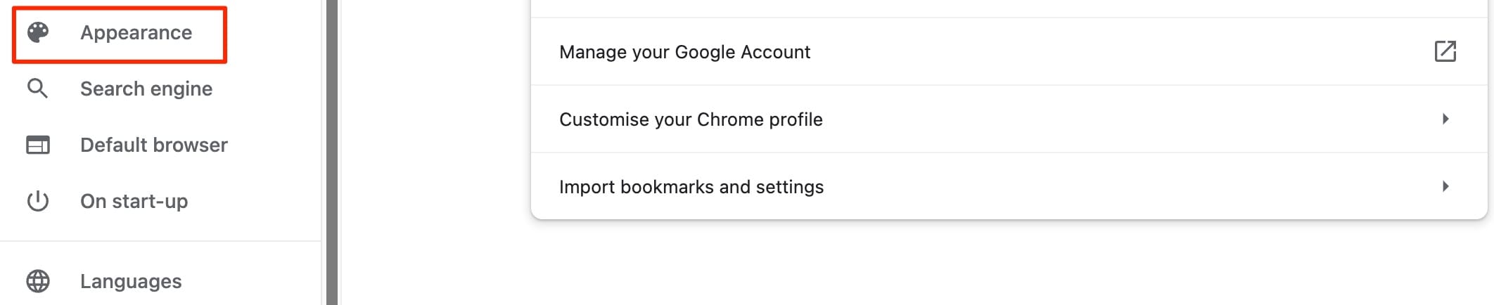 The appearance tab in Google Chrome