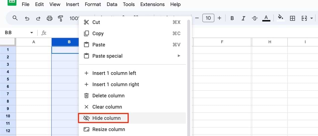 The step to hide a column in Google Sheets
