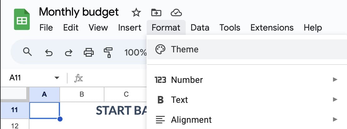 The Format and Theme sections in Google Sheets