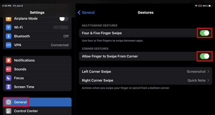 Corner gesture and Multitasking Gesture options on iPad