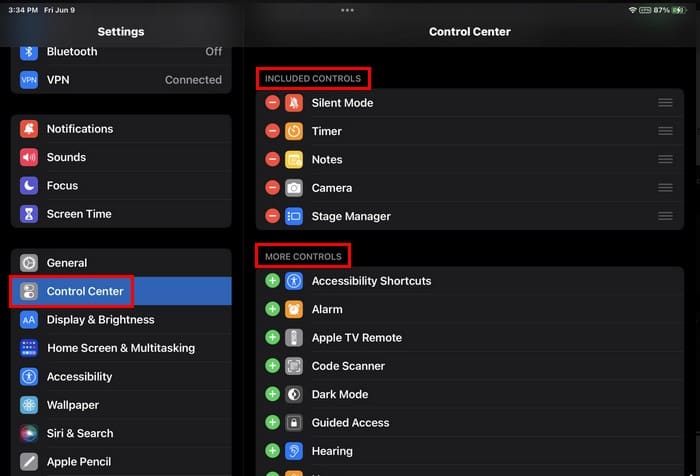 Editing options for control center for iPad