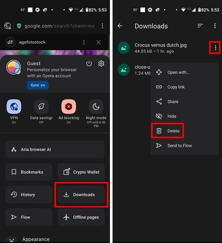 Erase downloads on Opera for Android