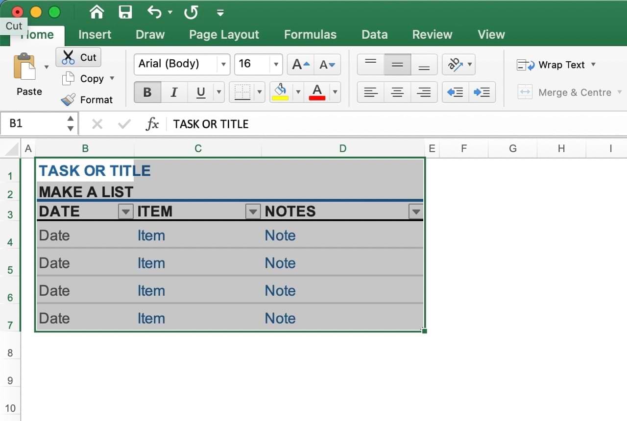 A sheet in Microsoft Excel with the different cells selected