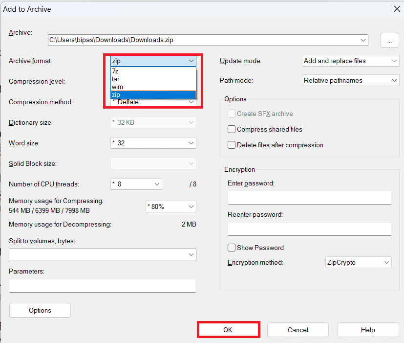 Choose ZIP as the Archive format and click OK to complete RAR to ZIP conversion