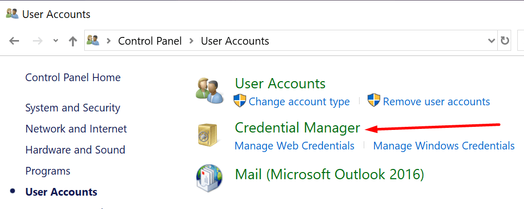 control panel credential manager