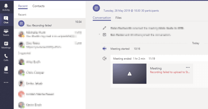 microsoft teams meeting recording failed to upload to stream