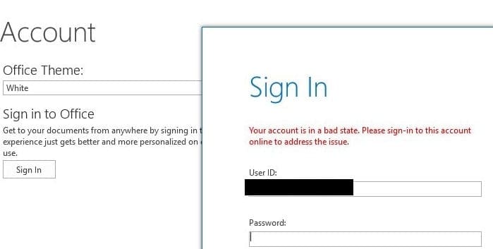 office 365 your account is in a bad state