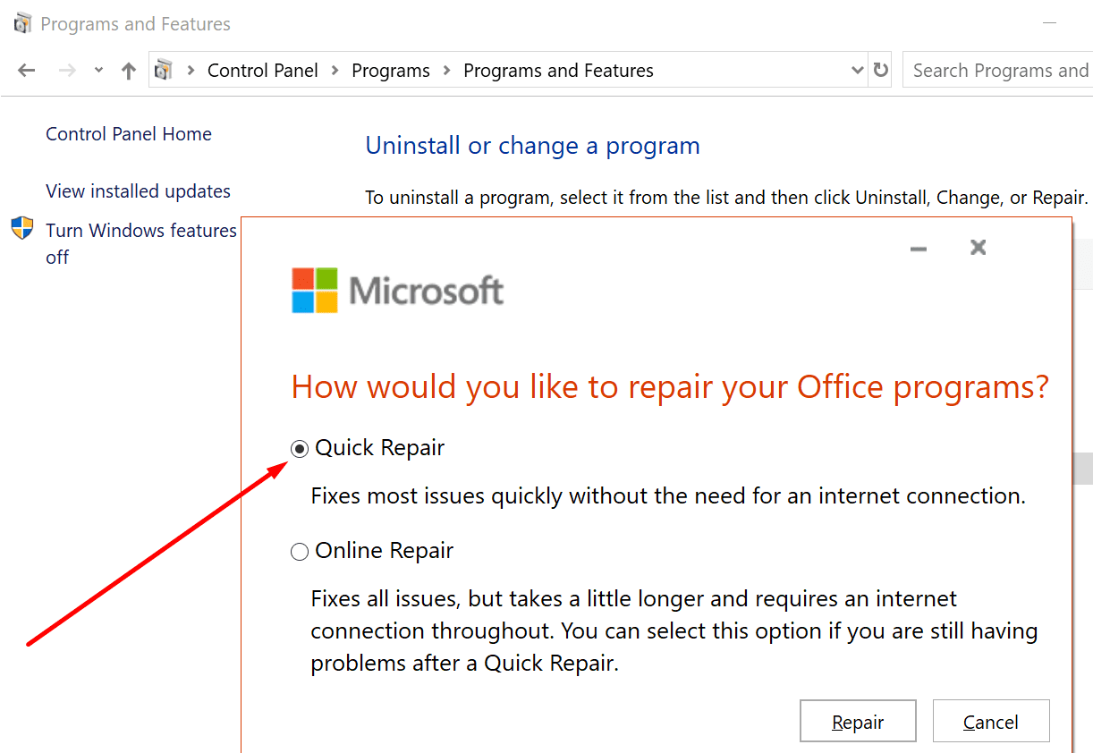 quick repair office windows 10